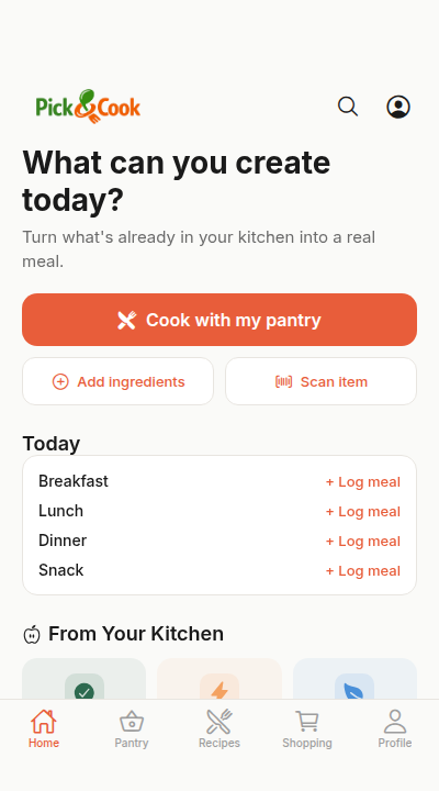 Pick & Cook App — Home Screen